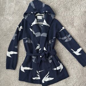 Navy Hooded Cardigan with Bird Pattern